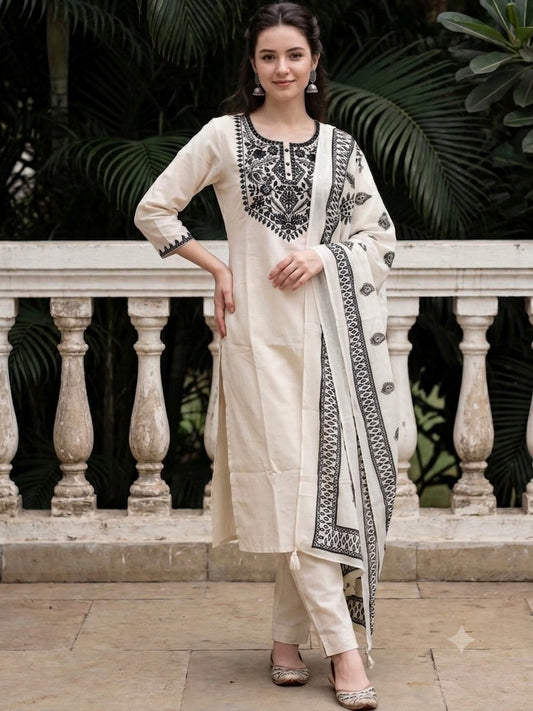 White Muslin Kurta Set with Black Embroidery