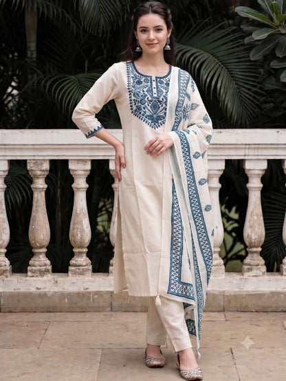White Kurta Set with Blue Embroidery
