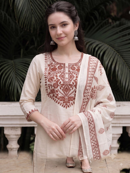 White Kurta Set with Rust Brown Embroidery