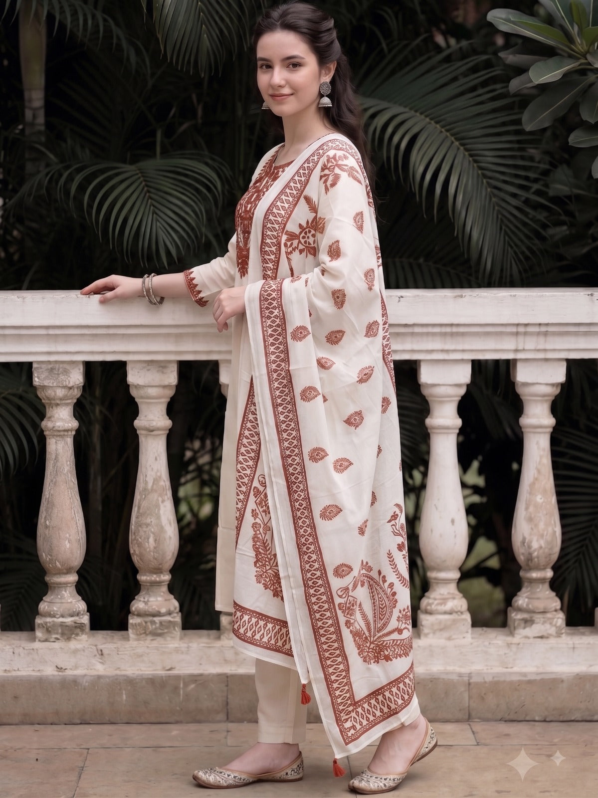 White Kurta Set with Rust Brown Embroidery