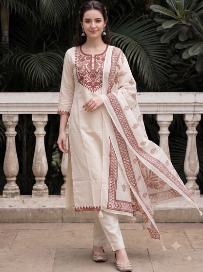 White Kurta Set with Rust Brown Embroidery