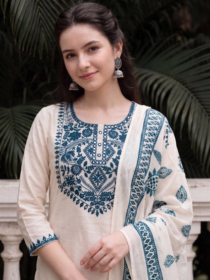 White Kurta Set with Blue Embroidery