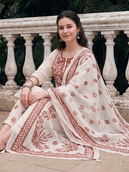 White Kurta Set with Rust Brown Embroidery