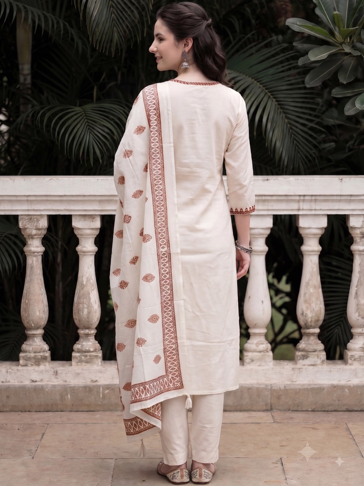White Kurta Set with Rust Brown Embroidery