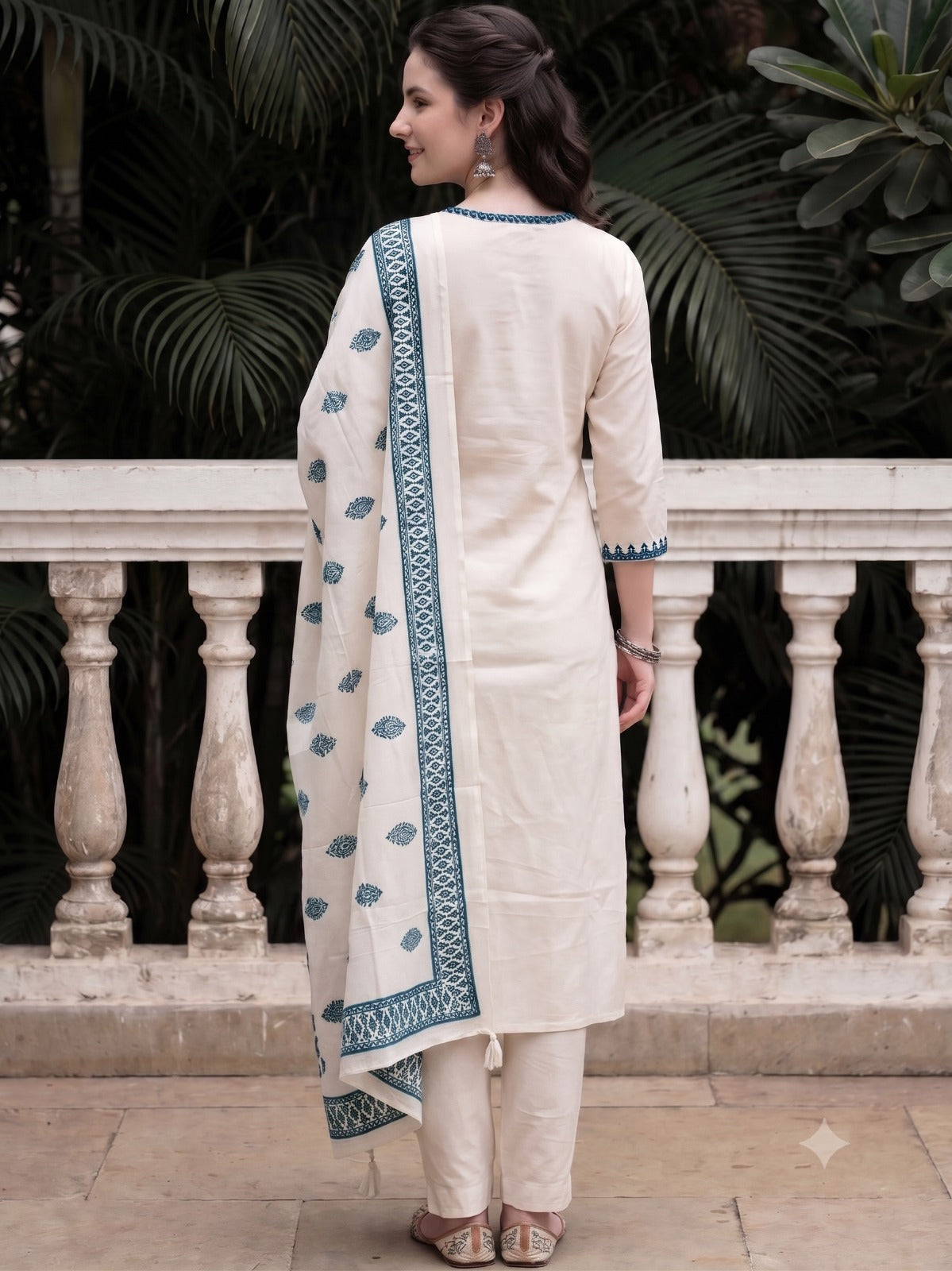 White Kurta Set with Blue Embroidery