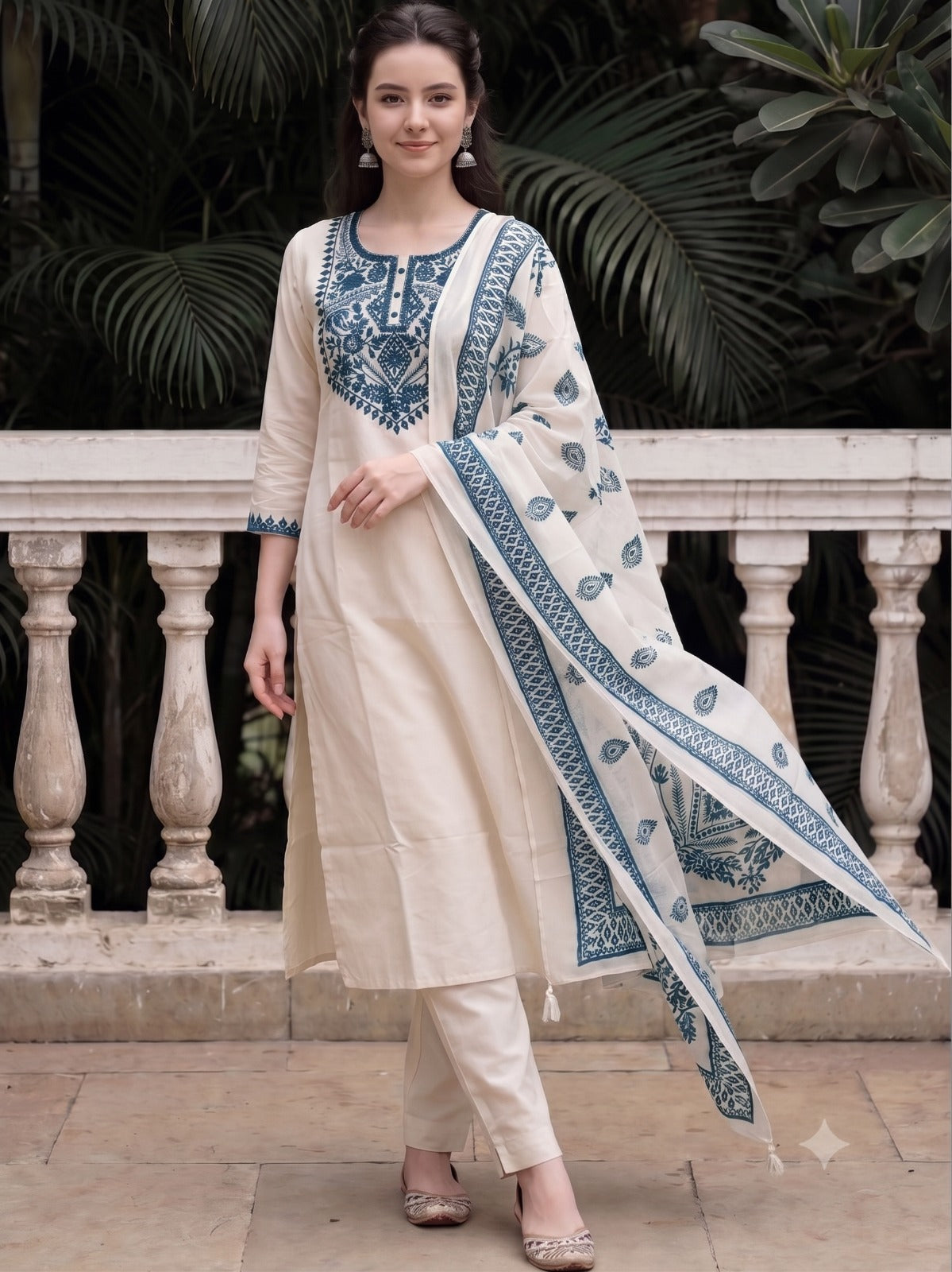 White Kurta Set with Blue Embroidery