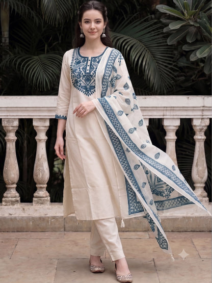 White Kurta Set with Blue Embroidery