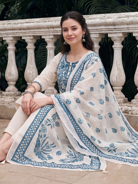 White Kurta Set with Blue Embroidery