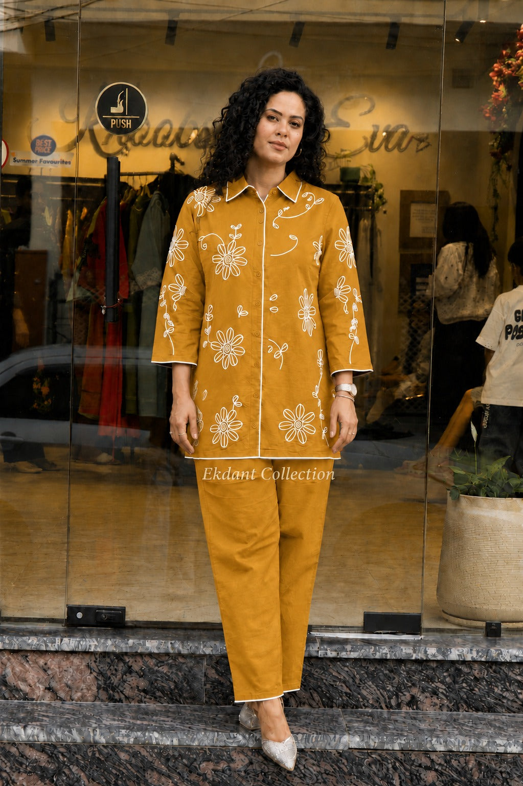 Mustard Yellow Cotton Co-Ord Set with Floral Print