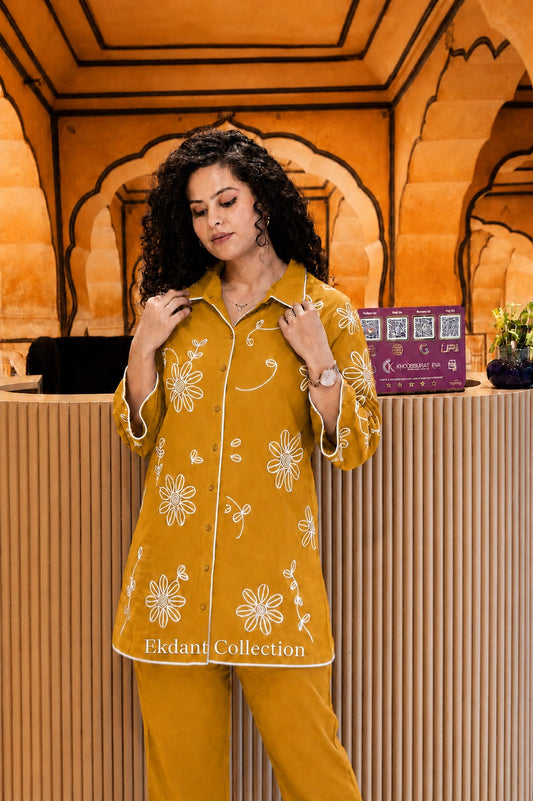 Mustard Yellow Cotton Co-Ord Set with Floral Print