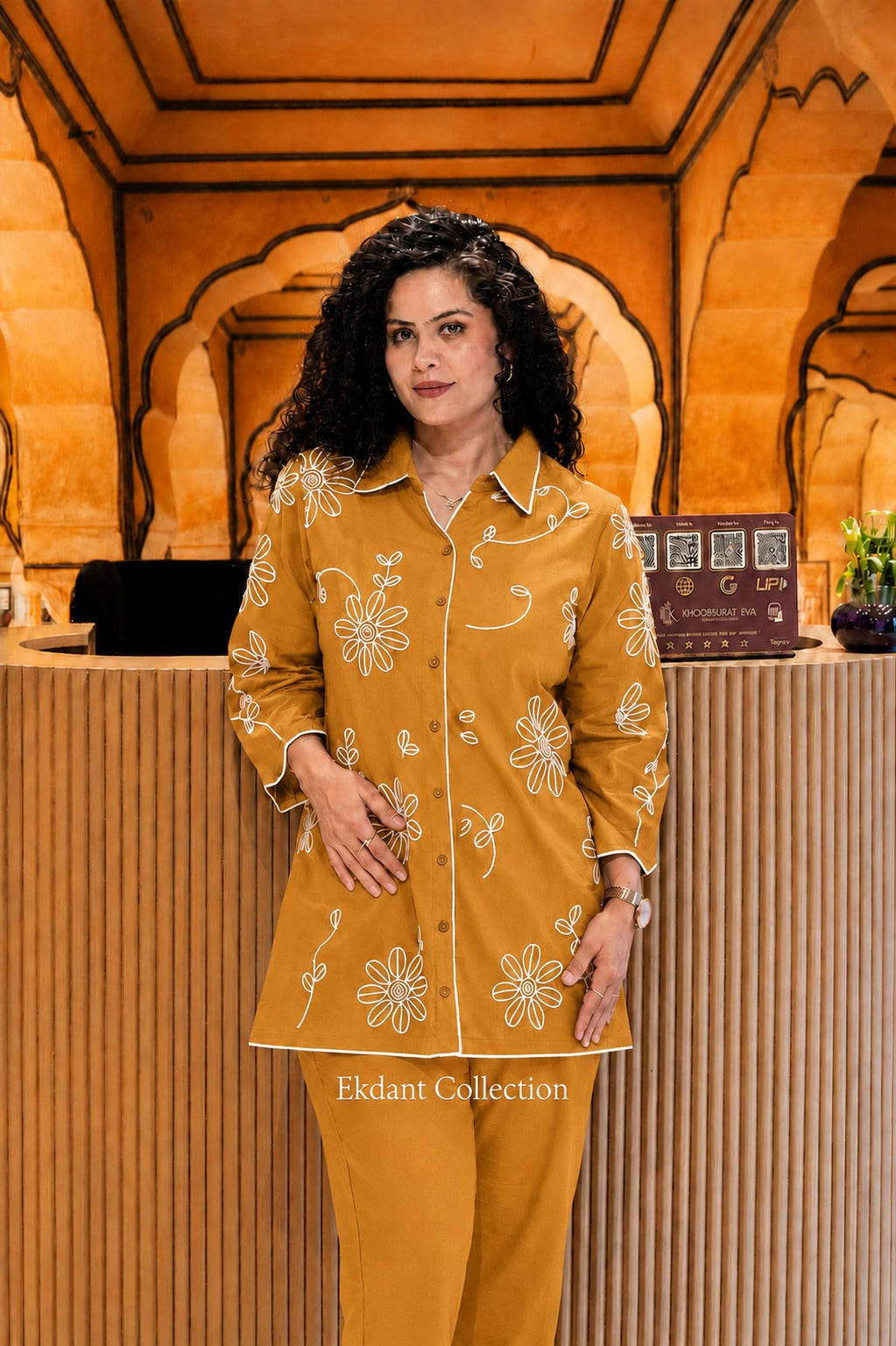 Mustard Yellow Cotton Co-Ord Set with Floral Print