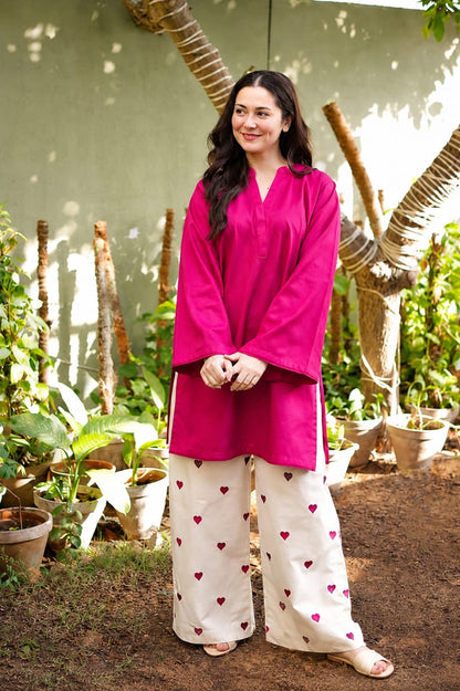 Fuchsia Pink Cotton Co-Ord Set with Heart Print Palazzo Pants
