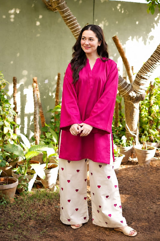 Fuchsia Pink Cotton Co-Ord Set with Heart Print Palazzo Pants