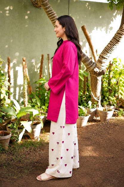 Fuchsia Pink Cotton Co-Ord Set with Heart Print Palazzo Pants