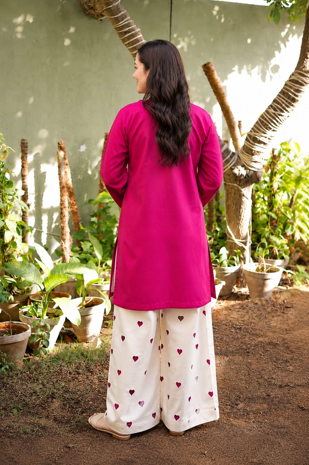 Fuchsia Pink Cotton Co-Ord Set with Heart Print Palazzo Pants