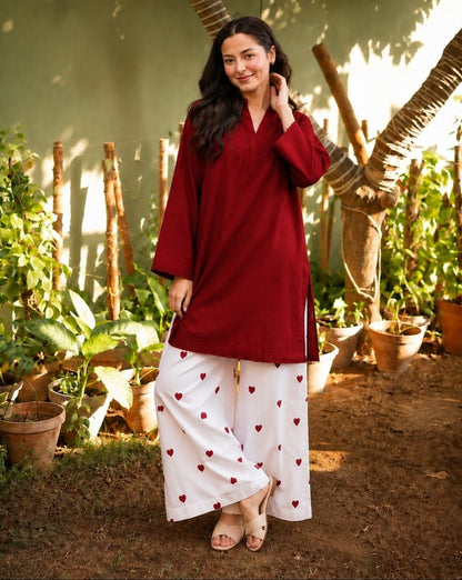 Maroon Cotton Co-Ord Set with Printed Palazzo Pants