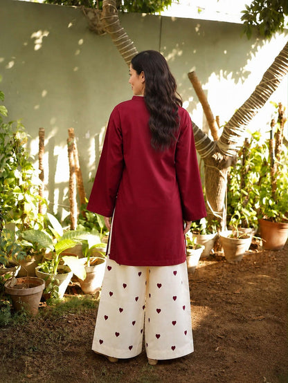 Maroon Cotton Co-Ord Set with Printed Palazzo Pants