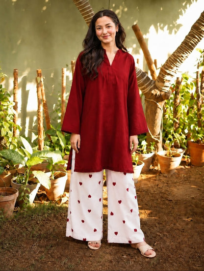 Maroon Cotton Co-Ord Set with Printed Palazzo Pants