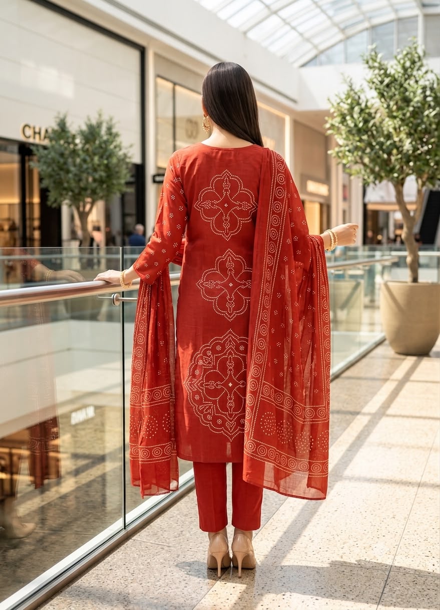 Orange Muslin Embroidered & Digital Print Kurta Pant Dupatta Set