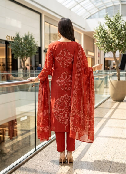 Orange Muslin Embroidered & Digital Print Kurta Pant Dupatta Set