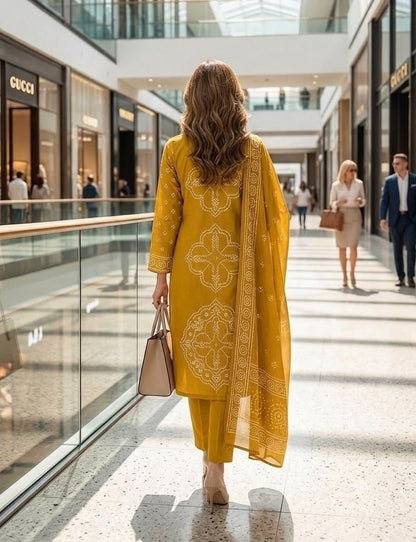 Mustard Yellow Muslin Embroidered & Digital Print Kurta Pant Dupatta Set
