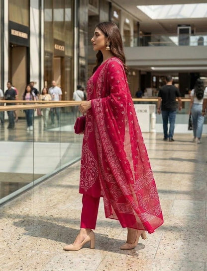 Rani Pink Muslin Embroidered & Digital Print Kurta Pant Dupatta Set