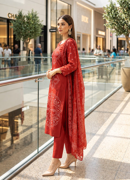 Orange Muslin Embroidered & Digital Print Kurta Pant Dupatta Set