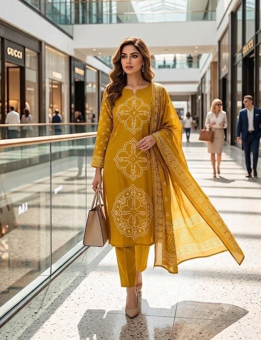 Mustard Yellow Muslin Embroidered & Digital Print Kurta Pant Dupatta Set