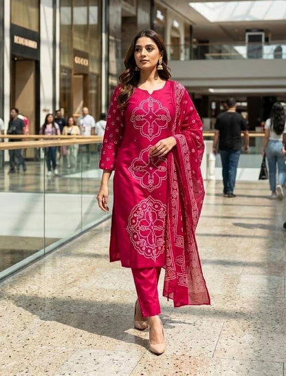 Rani Pink Muslin Embroidered & Digital Print Kurta Pant Dupatta Set
