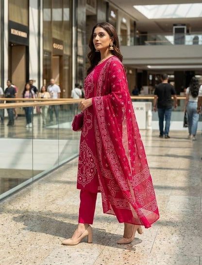 Rani Pink Muslin Embroidered & Digital Print Kurta Pant Dupatta Set