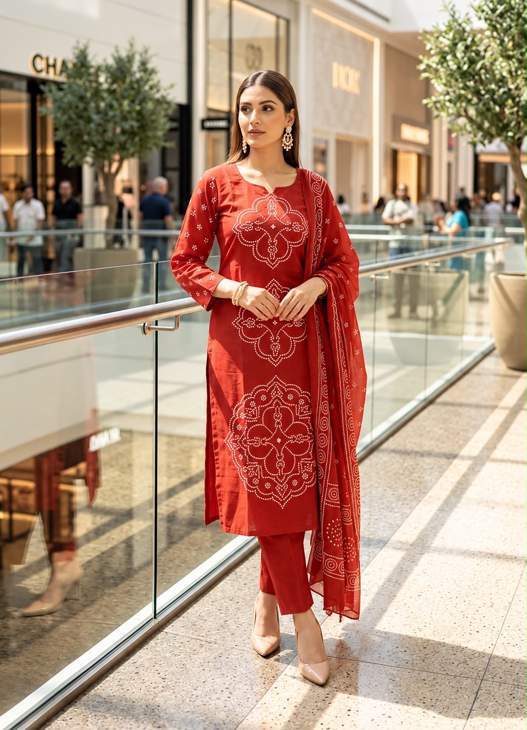 Orange Muslin Embroidered & Digital Print Kurta Pant Dupatta Set