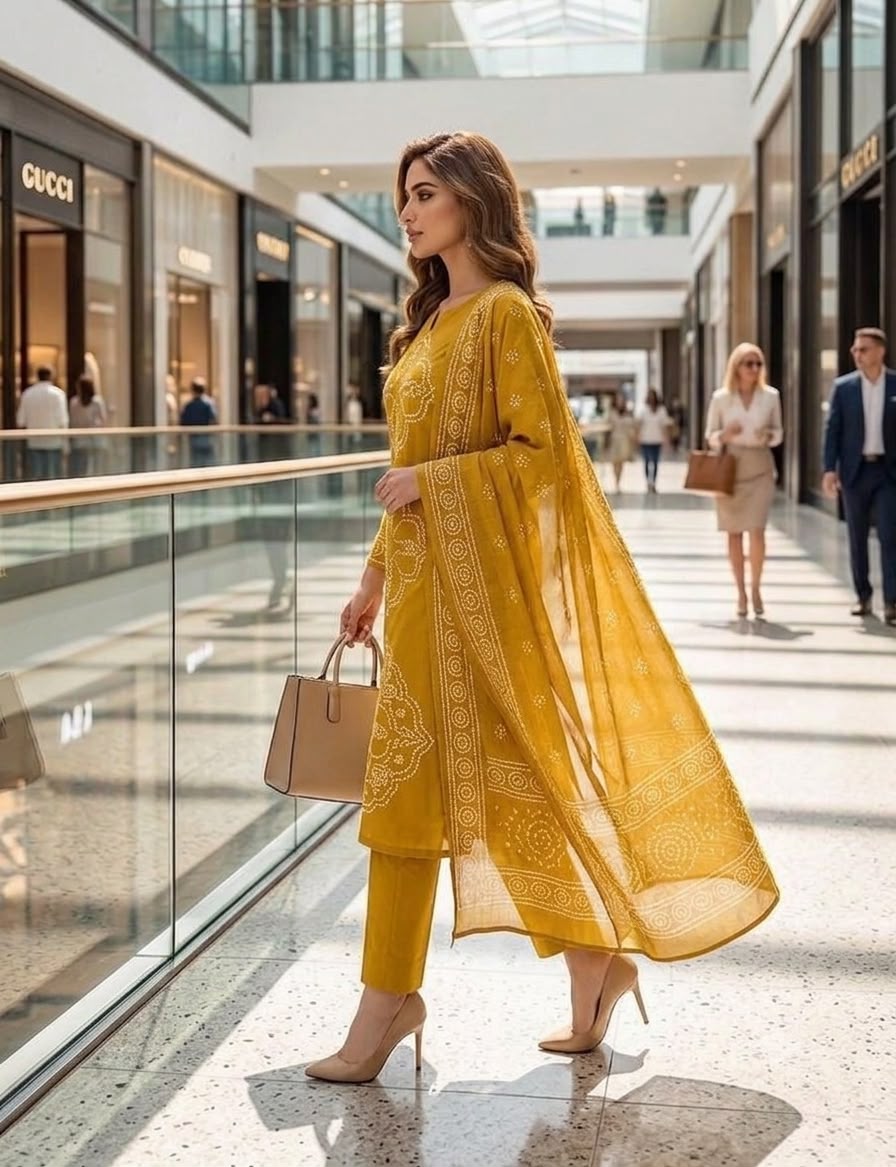 Mustard Yellow Muslin Embroidered & Digital Print Kurta Pant Dupatta Set