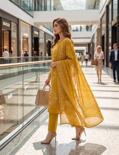 Mustard Yellow Muslin Embroidered & Digital Print Kurta Pant Dupatta Set