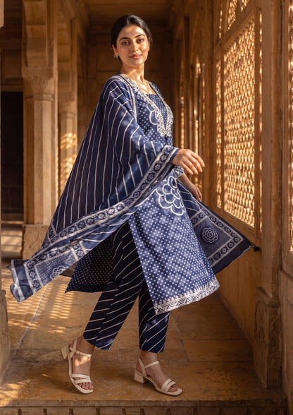 Navy Blue Muslin Embroidered & Digital Print Kurta Pant Dupatta Set