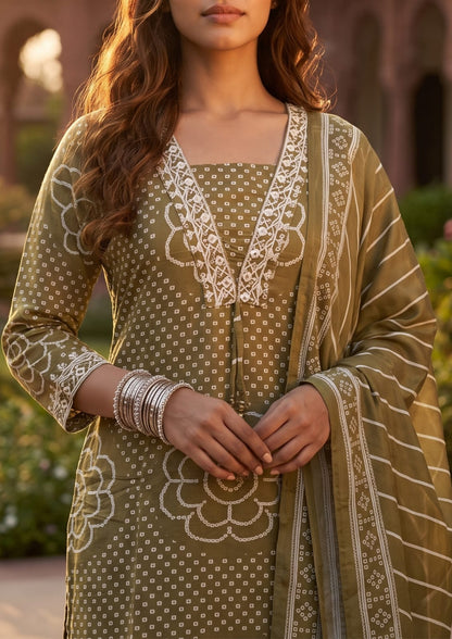 Olive Green Muslin Embroidered & Digital Print Kurta Pant Dupatta Set