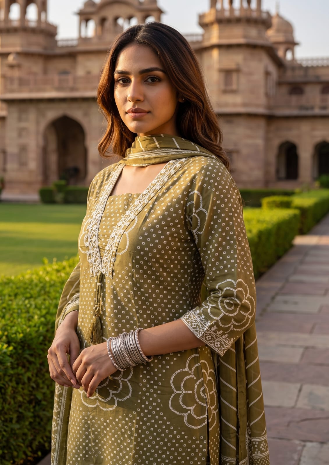 Olive Green Muslin Embroidered & Digital Print Kurta Pant Dupatta Set