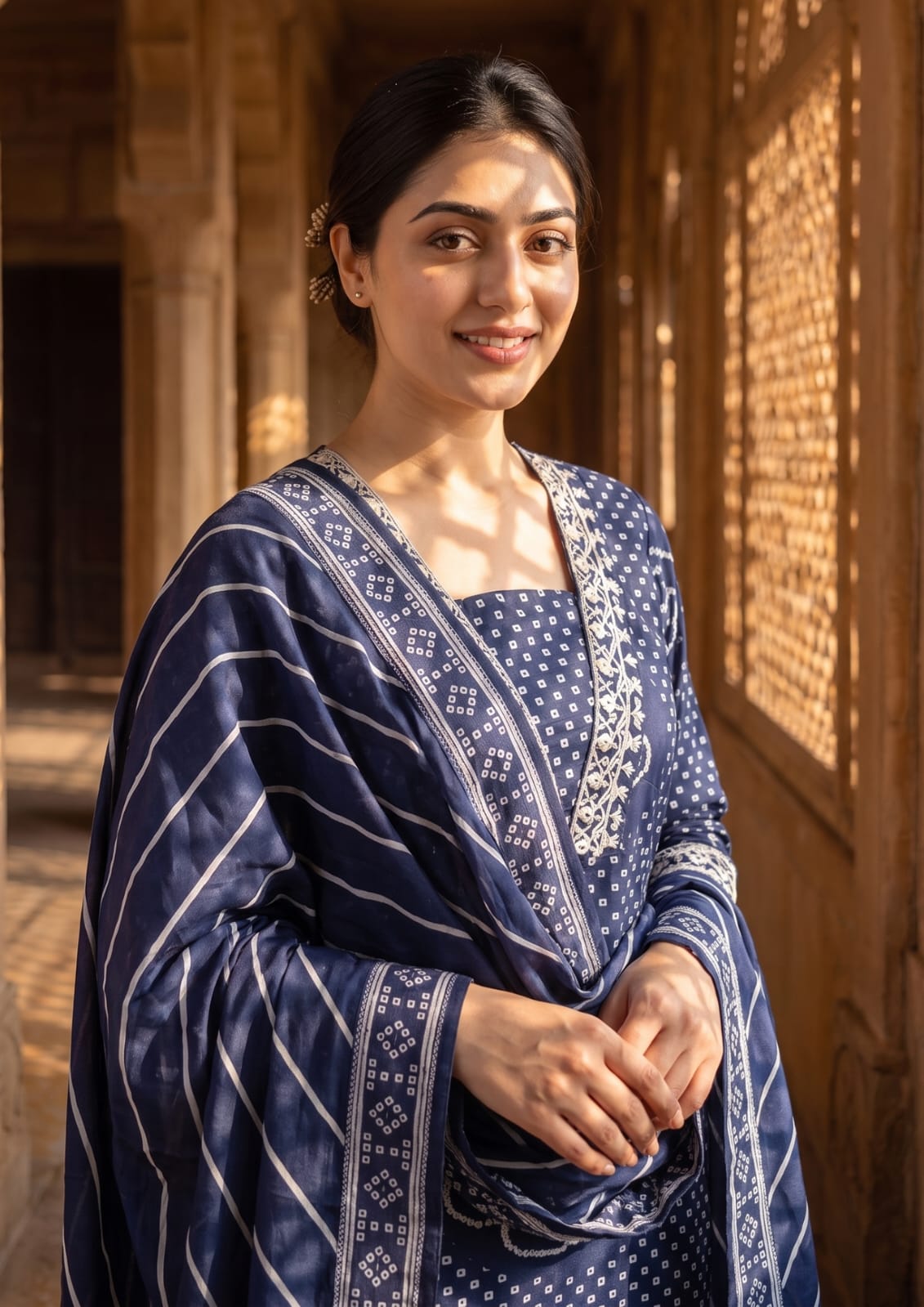 Navy Blue Muslin Embroidered & Digital Print Kurta Pant Dupatta Set