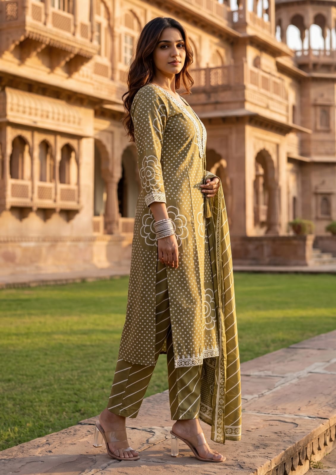 Olive Green Muslin Embroidered & Digital Print Kurta Pant Dupatta Set