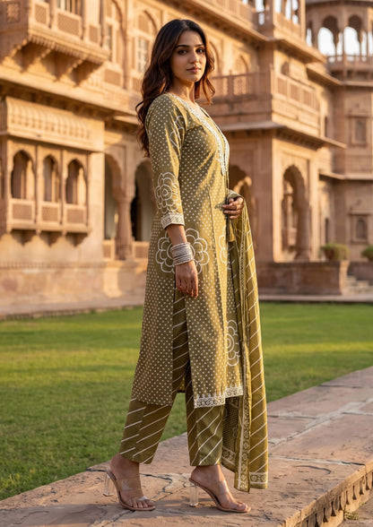 Olive Green Muslin Embroidered & Digital Print Kurta Pant Dupatta Set