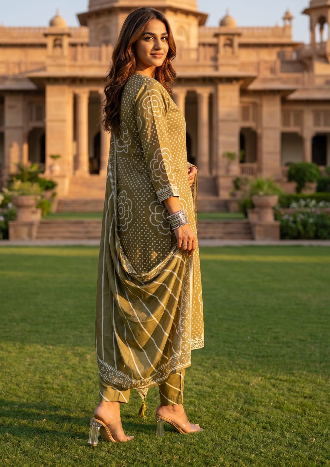 Olive Green Muslin Embroidered & Digital Print Kurta Pant Dupatta Set