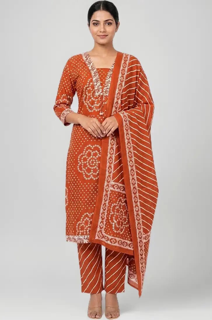 Rust Orange Muslin Embroidered & Digital Print Kurta Pant Dupatta Set