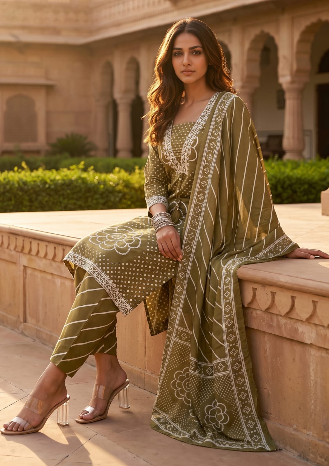 Olive Green Muslin Embroidered & Digital Print Kurta Pant Dupatta Set