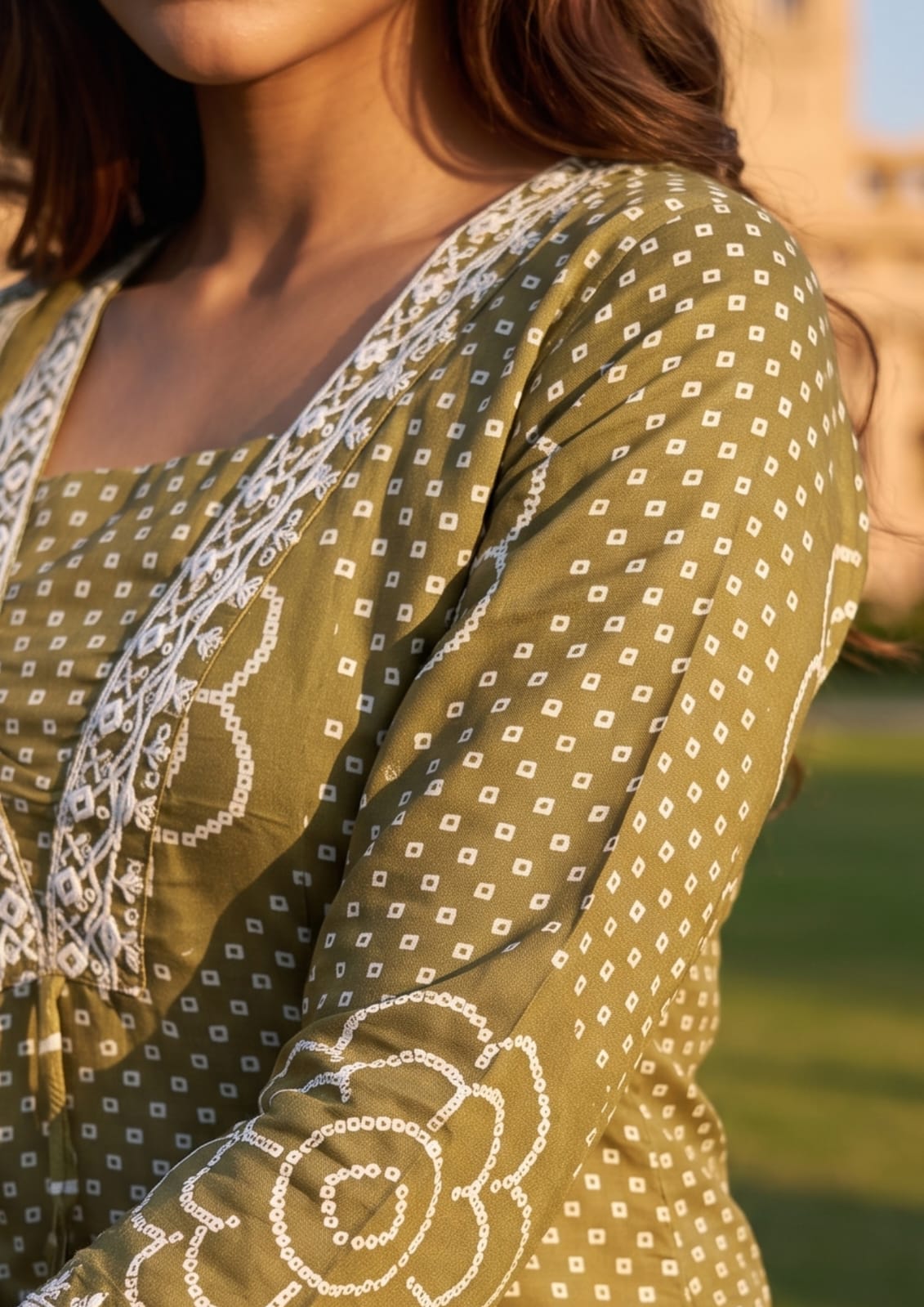 Olive Green Muslin Embroidered & Digital Print Kurta Pant Dupatta Set