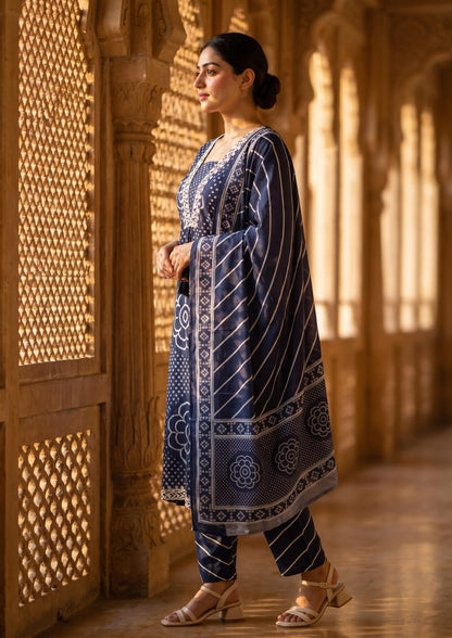 Navy Blue Muslin Embroidered & Digital Print Kurta Pant Dupatta Set