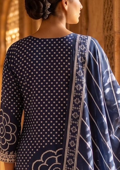 Navy Blue Muslin Embroidered & Digital Print Kurta Pant Dupatta Set