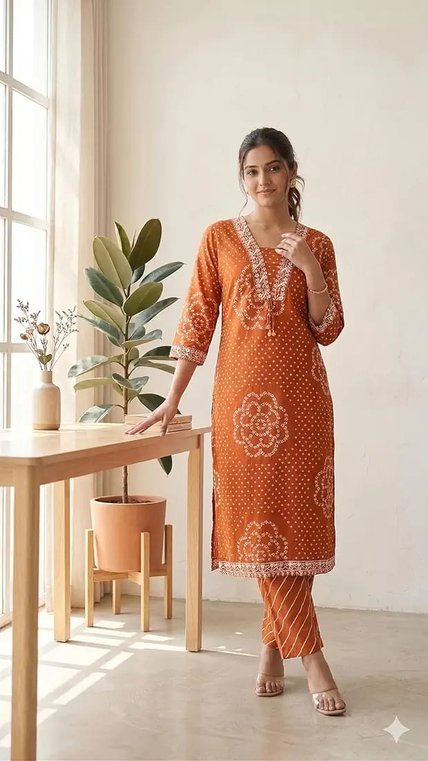 Rust Orange Muslin Embroidered & Digital Print Kurta Pant Dupatta Set