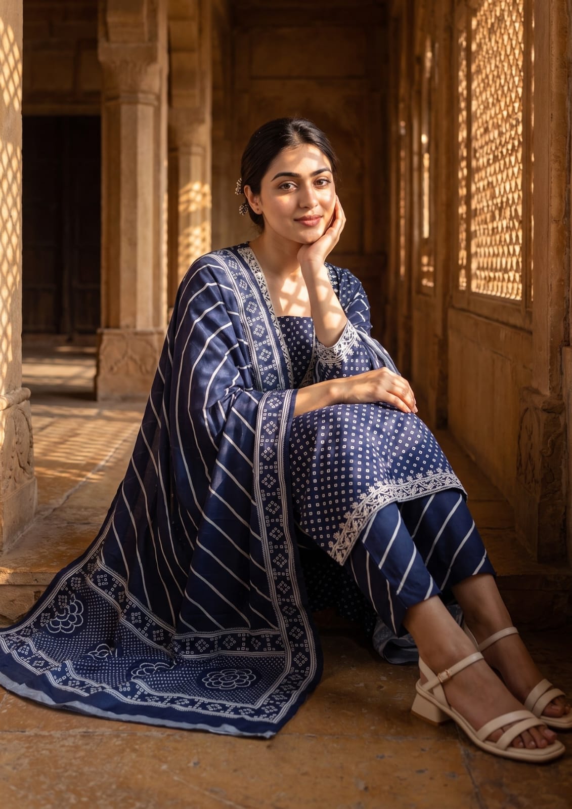 Navy Blue Muslin Embroidered & Digital Print Kurta Pant Dupatta Set