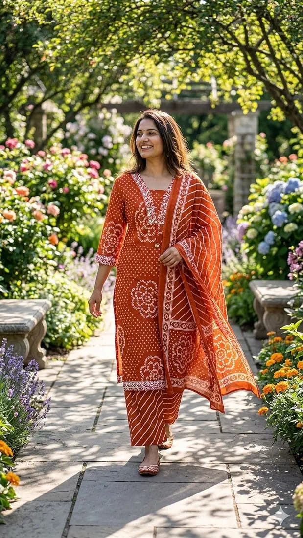 Rust Orange Muslin Embroidered & Digital Print Kurta Pant Dupatta Set