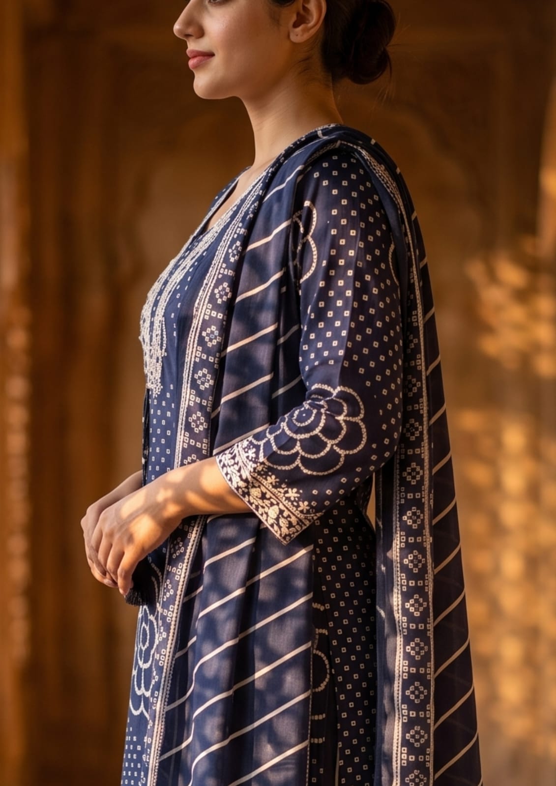 Navy Blue Muslin Embroidered & Digital Print Kurta Pant Dupatta Set