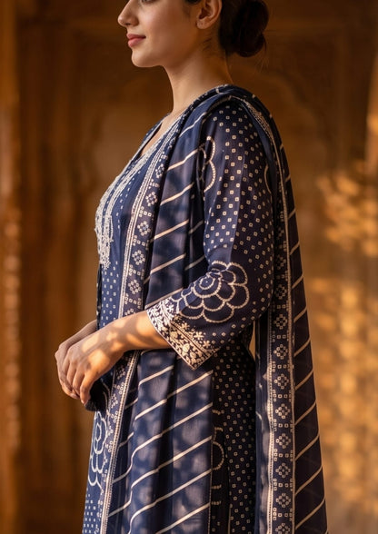 Navy Blue Muslin Embroidered & Digital Print Kurta Pant Dupatta Set